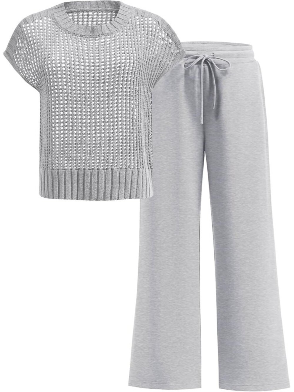 🆕Women Grey Two Piece Outfits Crochet Sheer Knit Sweater Top Wide Leg Pants